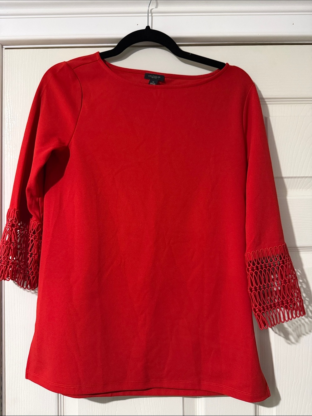 Ann Taylor Bright Red Boatneck Tunic with Crochet Bell Sleeves